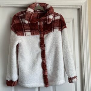 Women’s Small Burnt Red Orange Rust Off White Plaid Fleece Snap Closure Jacket
